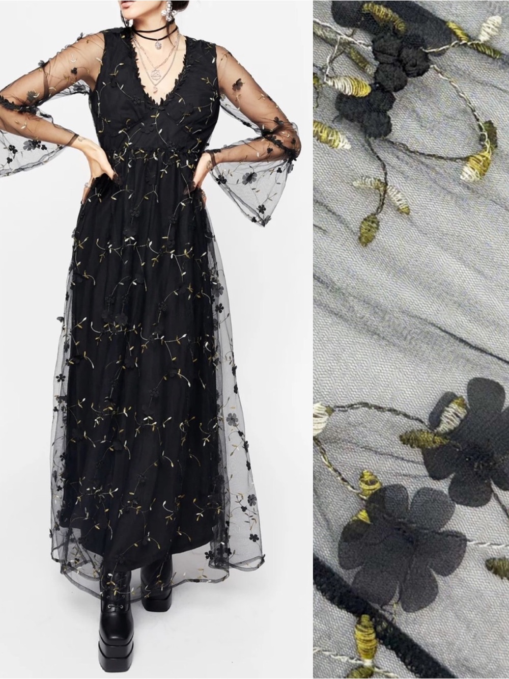 Disturbia Chrysanthi Applique Maxi Dress Black Mesh Floral Goth Grunge Punk